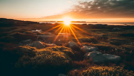 Stunning sunset over a rocky coast. Golden rays illuminate the scene.の写真素材