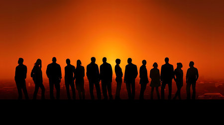 Silhouettes of a group of people against a vibrant sunset over a city.の写真素材