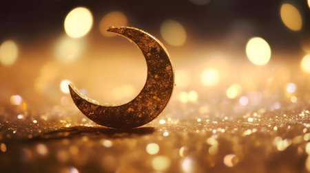 A golden crescent moon rests on a sparkling surface, surrounded by warm, blurry lights.の写真素材