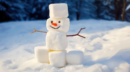 Charming snowman built from snow cubes, cheerful winter scene.の写真素材
