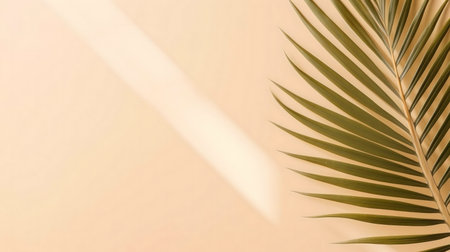 Palm leaf on beige background. Summer minimal photography.の写真素材
