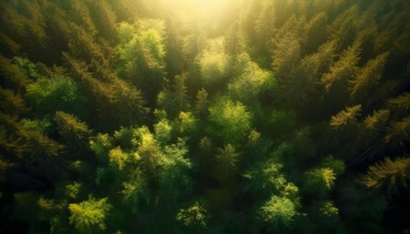 Sunlit forest canopy seen from above. Lush green trees, golden sunlight.の写真素材