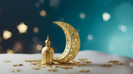 Ramadan celebration with golden crescent moon and lantern.の写真素材