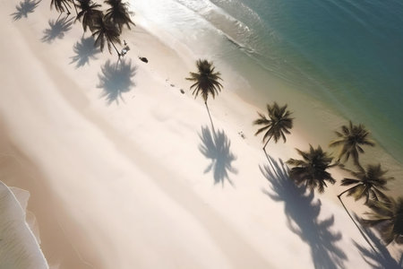 Stunning aerial shot of a pristine beach with palm trees and clear blue water.の写真素材