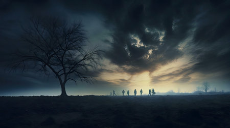 Silhouetted figures walk towards a dramatic sunrise. A lone tree and mist add to the mysterious atmosphere.の写真素材
