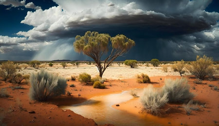 Desert landscape with dramatic storm clouds and a lone tree.の写真素材