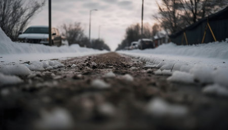 Close-up view of a snowy road, showing the texture of the snow and mud.の写真素材