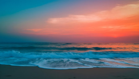 Stunning sunset over the ocean, waves gently lapping the sandy beach. Peaceful, serene scene.の写真素材