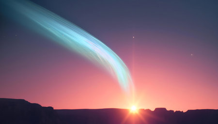 A vibrant sunrise paints the sky with warm hues as a stunning comet streaks across the heavens. A tranquil and breathtaking scene.の写真素材