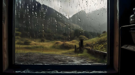 Rainy day view of mountains seen from a windowpane.