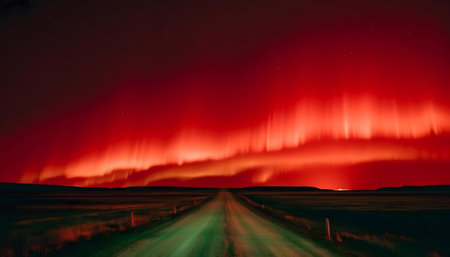 Red Aurora Borealis illuminating the night sky above a lonely country road.の写真素材