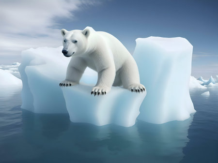 A polar bear stands on a melting iceberg, symbolizing climate change and environmental issues.の写真素材