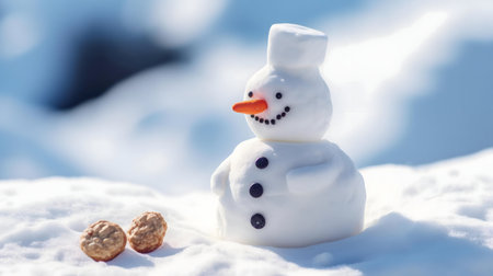 A small snowman in a snowy setting. Joyful winter scene.の写真素材