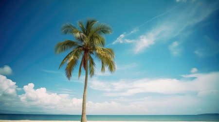 Single palm tree on a tropical beautiful beach under a bright blue sky. Summer vacation vibesの写真素材