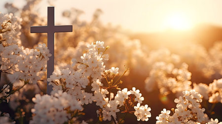 A silver cross stands amidst a field of delicate white flowers bathed in the warm glow of a sunset.の写真素材