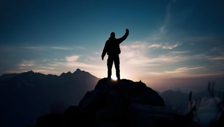 Silhouette of a man celebrating atop a mountain at sunset. A triumphant moment.の写真素材
