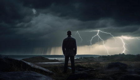 A lone figure stands silhouetted against a breathtaking thunderstorm, observing the raw power of...