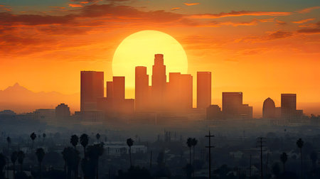 Golden hour paints LA's skyline in warm hues.の写真素材