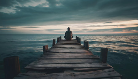 A lone figure sits on a weathered wooden dock, gazing out at a serene ocean sunset. The scene evokes a sense of peace and contemplation.の写真素材