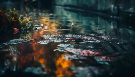 A captivating close-up of a puddle reflecting the vibrant hues of autumn leaves.の写真素材