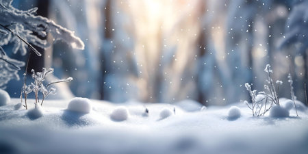 Picturesque winter scene of a snow-covered forest. Peaceful and serene atmosphere.の写真素材