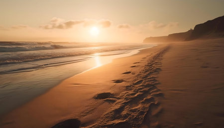 Footprints lead towards a stunning sunset over a tranquil beach.の写真素材