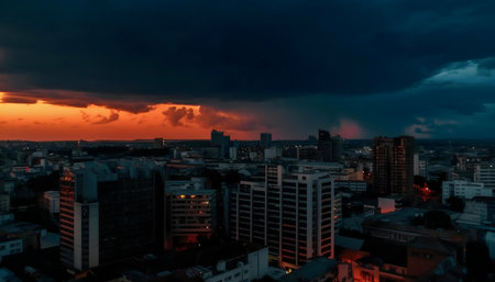 Dramatic sunset over a city with storm clouds.の写真素材