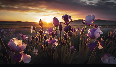 Stunning sunset over a field of blooming irises. Warm colors, serene atmosphere.