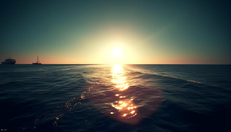 Serene sunset over calm ocean waters, ships at horizon.の写真素材