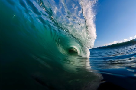 Stunning image of a wave breaking, showing the barrel from inside. Turquoise colors dominate