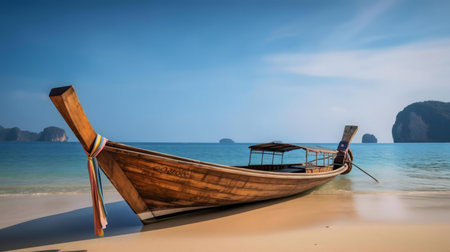Wooden longtail boat on a calm tropical beach.