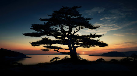 A majestic tree silhouetted against a vibrant sunset over a calm lake.