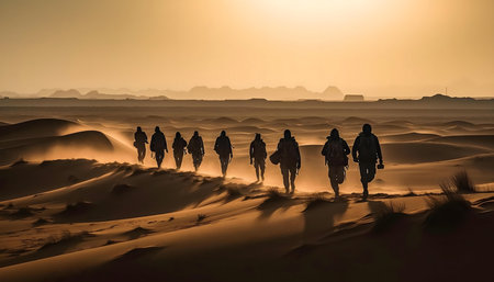 Silhouetted hikers traverse a vast desert landscape under the warm glow of sunrise. An epic journey of exploration.の写真素材