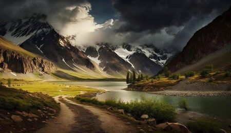 Serene mountain lake scene. Breathtaking viewの写真素材