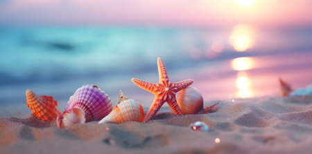 Seashells and starfish on sandy beach at sunset.の写真素材