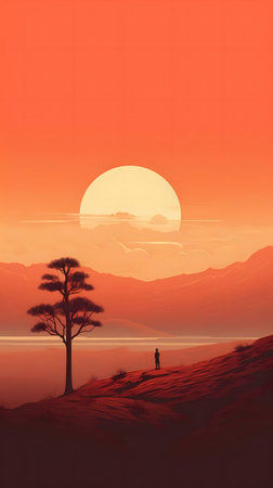 Solitary figure at sunset overlooking a serene lake and mountains.の写真素材