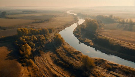 Aerial view of a tranquil river flowing through autumnal fields at sunrise. Peaceful sceneryの写真素材
