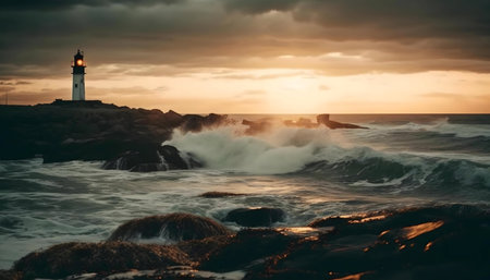 Lighthouse enduring powerful waves at sunset. Dramatic coastal scene.の写真素材