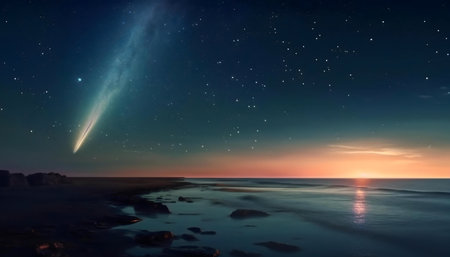 A breathtaking view of Comet Neowise soaring over a serene ocean during sunset.