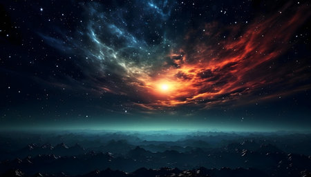 Stunning alien world sunset with vibrant nebulae.の写真素材