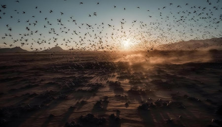 Massive flock of birds flying at sunset over a dusty desert landscape.の写真素材