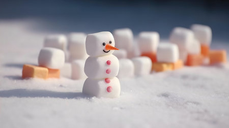 A tiny marshmallow snowman stands proudly in the snow, surrounded by other marshmallows.の写真素材