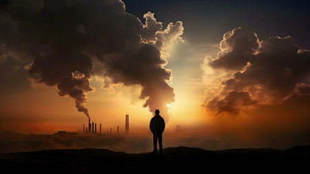 A man silhouetted against a sunset, overlooking industrial pollution.