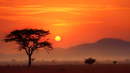 Stunning African sunset. Silhouette of acacia tree against fiery orange sky. Hazy mountains in the distance.の写真素材