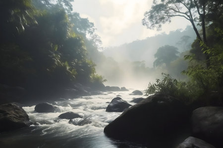 Misty river flowing through a lush gorge. Peaceful morning scene.の写真素材