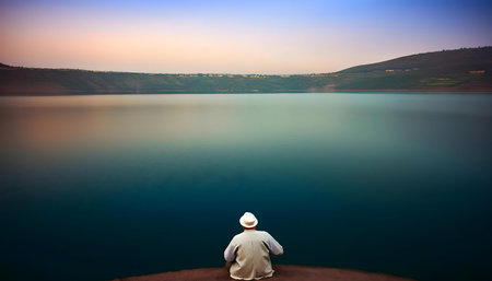 A man sits by a calm lake, watching the sunset. Serenity and peace.の写真素材