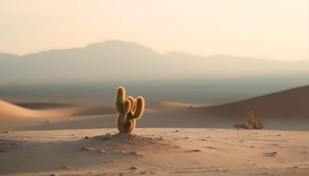 A lone cactus thrives amidst golden desert dunes under a hazy dawn sky. Serene beautyの写真素材