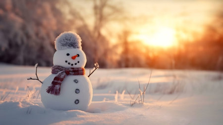 A cheerful snowman stands in a snowy field at sunset. Warm colors and a peaceful atmosphere.の写真素材
