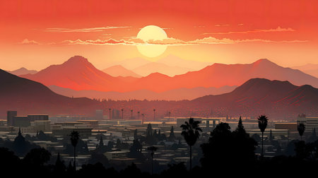 A stunning sunset over a city nestled amongst the mountains. Palm trees dot the foreground, creating...