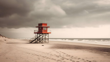 A red lifeguard stand sits alone on a sandy beach under a stormy sky. The ocean waves roll in the...